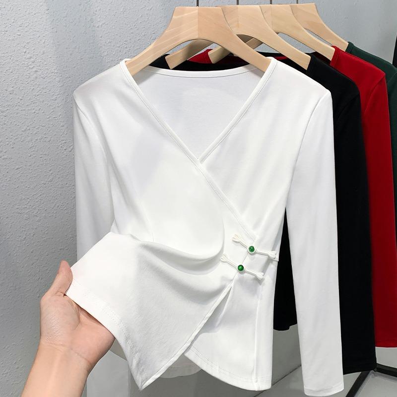 Solid Color Long-sleeved V-neck Cotton Shirt Women's New Autumn Thin Inner Bottoming Shirt Irregular Design Top
