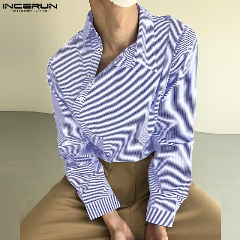 

INCERUN Мужские топы в полоску с длинными рукавами и лацканами, рубашки