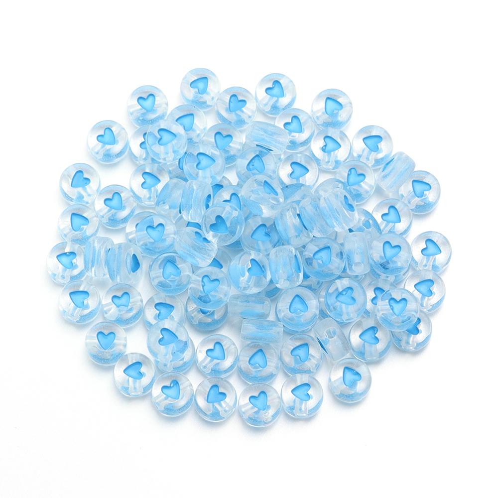 100pcs/lot 7mm Acrylic Beads Colored Transparent Heart Pattern Loose Flat Round Beads For Craft Bracelet Making DIY Jewelry Gift