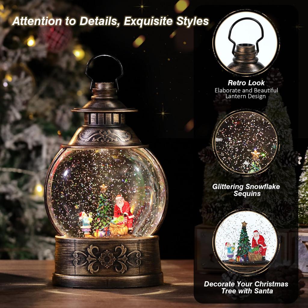 Lewondr Christmas Snow Globe with Christmas Tree Snow Santa 8 Automatic Loop Automatic Christmas Home Christmas Santa Decorating the Christmas Tree