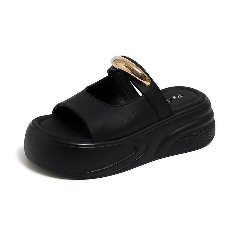 

Женские летние шлепанцы на толстой подошве, новая легкая роскошь 2025, женская обувь, крутые шлепанцы для носки, ретро, с открытым носком, шлепанцы на платформе-маффин, женские 39 чёрный