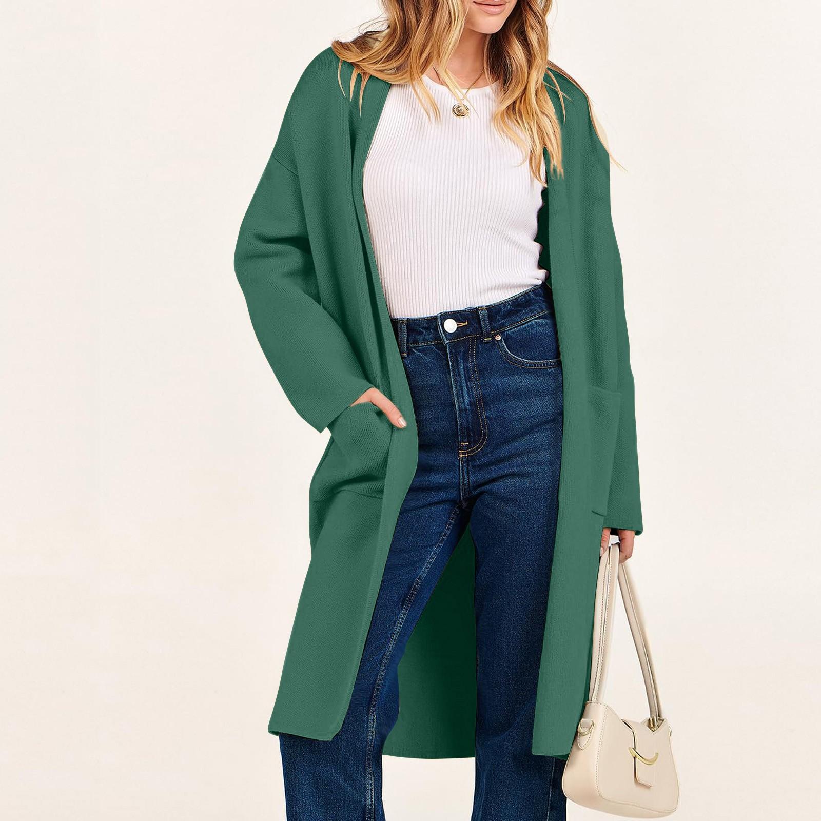 

Женские длинные вязаные кардиганы, свитера с длинными рукавами и открытой передней частью, повседневная куртка, пальто, верхняя одежда с карманами M зелёный