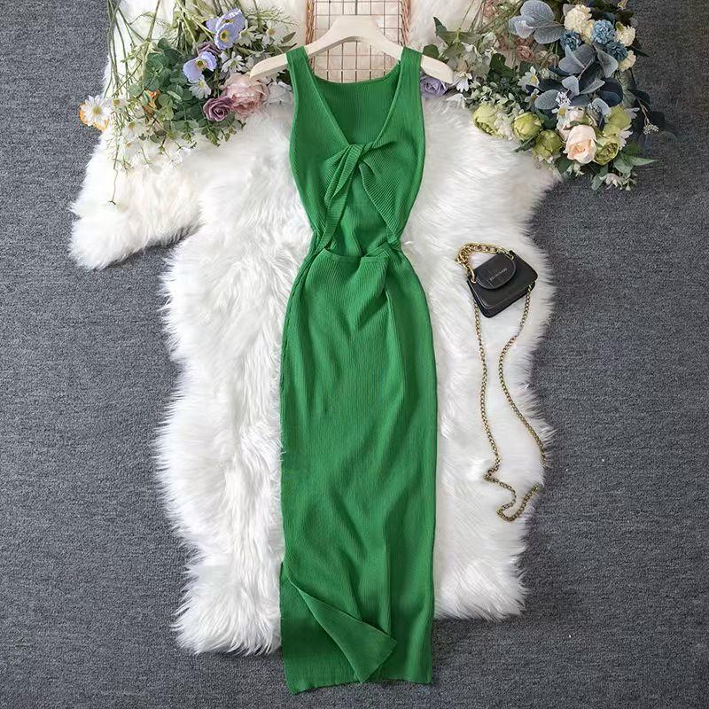 

Western Style New Sexy V-neck Knitted Hollow out Sheath Dress Sexy Knitted Hollow Dress Green One size