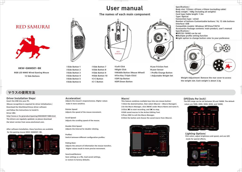 RED SAMURAI Herní myš Kabelová myš 16400 dpi 1000 Hz 18 programových tlačítek Boční tlačítka Nastavení hmotnosti Stabilní uchopení Program přizpůsobení podsvícení