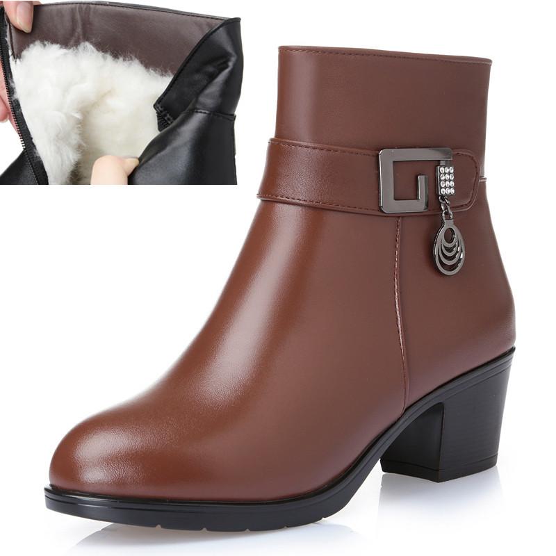 Fashion Comemore Winter Fur Boots High Heels Brown Ladies Heel Boot Adult Fashion Women's Shoes 2025 Genuine Leather Warm Booties Black