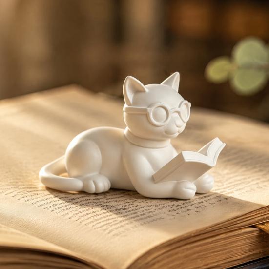 Bookshelf Decorative Accents 3D Printed Reading Cat Figurine, Statue with Eyeglasses, Creative Birthday Gifts Animal Desktop Ornament for Home Office
