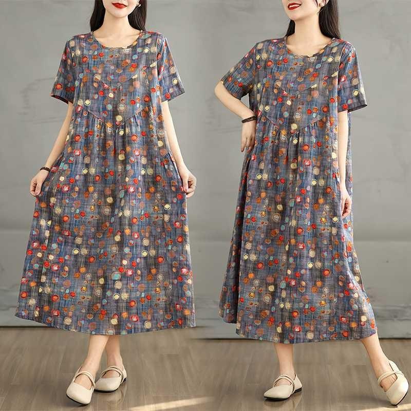 Summer New Retro Round Neck Flower Pocket Short Sleeve Dresses for Women