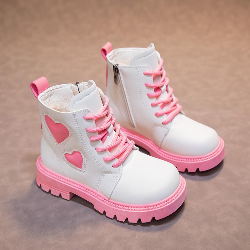 Girls Fashion Boots Kids Rubber Leather Boots Autumn and Winter Cotton Soft Sole Pink with Love Side Zip Children Princess Boots