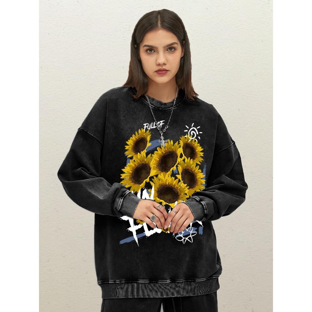 Full Of Sunflower Creative Graffiti Print Womens Washed Sportswear Cotton Autumn Sweatshirts Loose Crewneck Woman