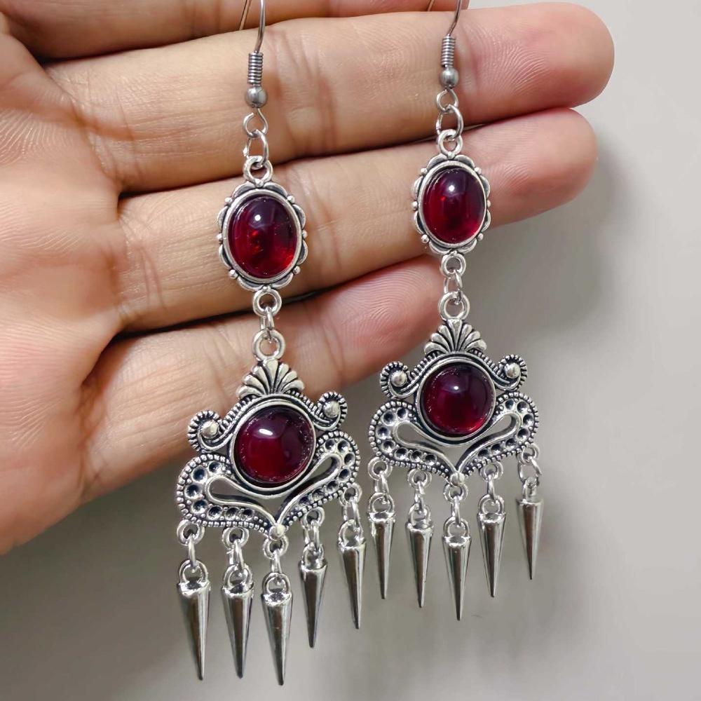 Personality Punk Sliver Color Pointed Cone Tassels Filigree Craft Red Crystal Dangle Earrings for Women Gothic Vampire Jewelry