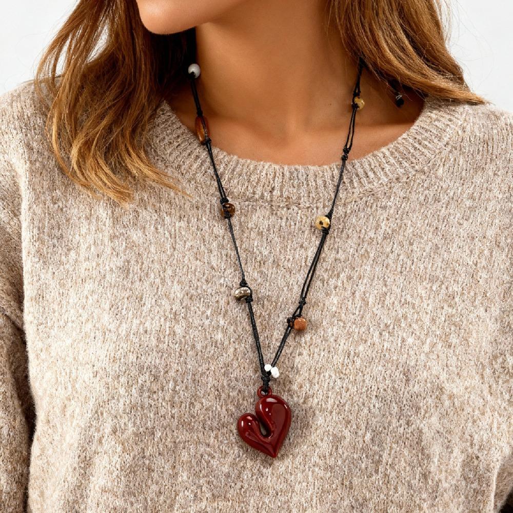 Flowers Beads Heart Pendant Necklace Adjustable Beaded Necklace Irregular Heart Necklace  For Women