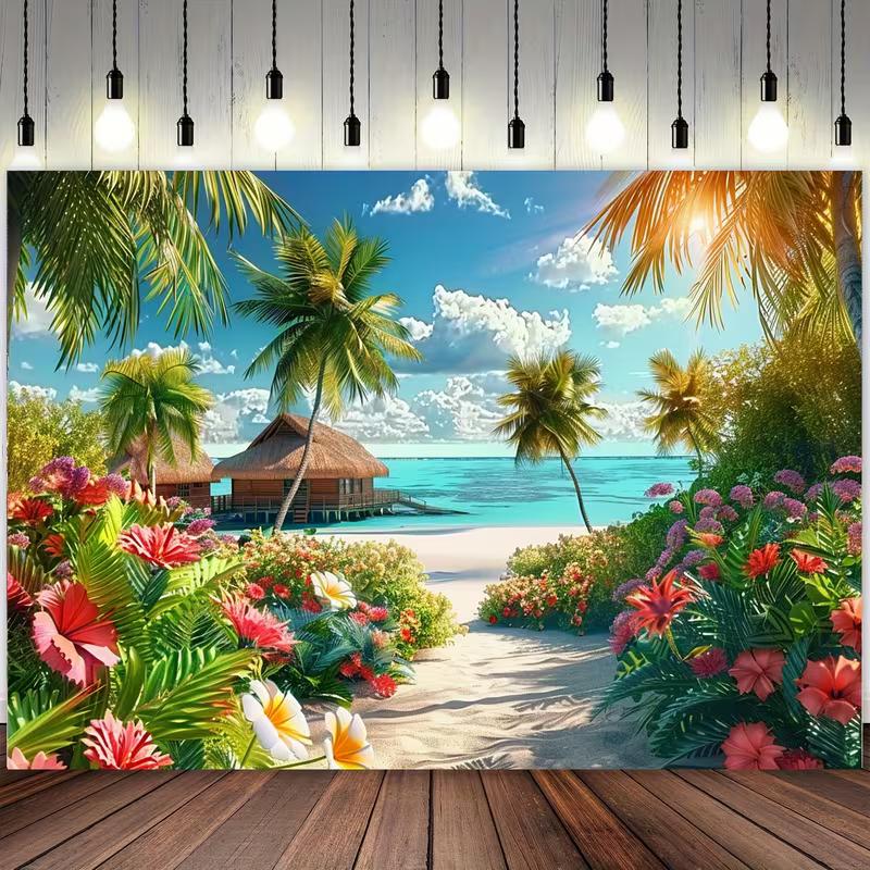 

2D Hawaiian Bungalow Beach Backdrop Tropical Flower Photography Background 47.2x31.5inch/120*80cm