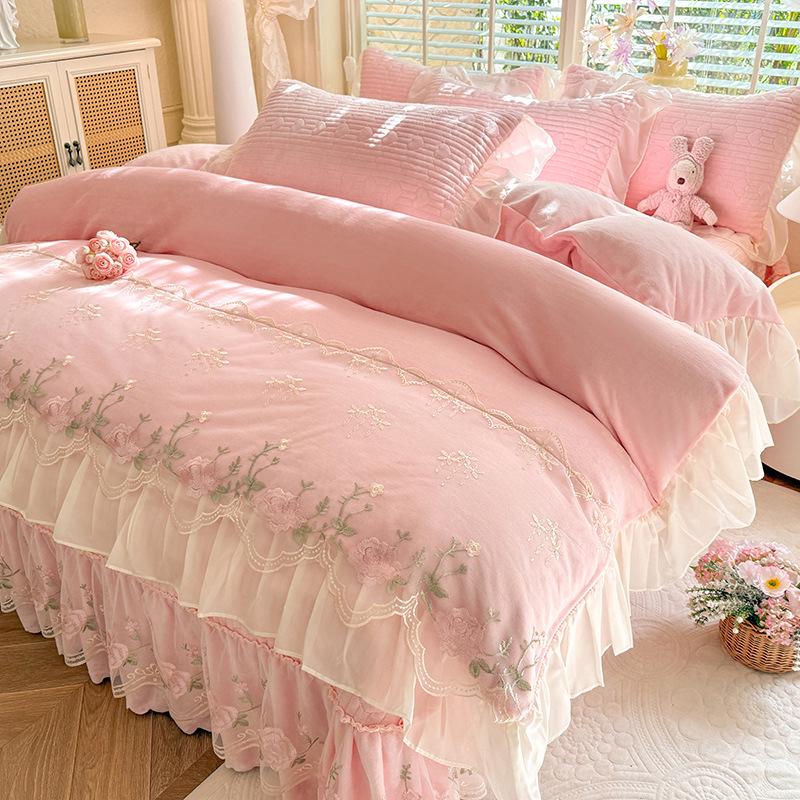 New Elegant Matte Milk Velvet French Lace Princess Style Bedspread Set 200x230cm Single Duvet Cover