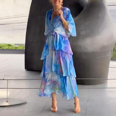 Summer Women Long Dress Flowy Chiffon Maxi Printed Short Sleeve V Neck Loose Layered Ruffle Lace Up Dress