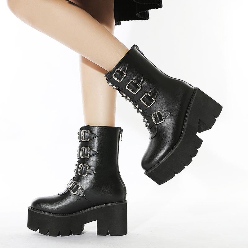 

Black tall tube microfiber fabric thick-soled high-heeled Martin boots rear zipper large-size stage women s leather boots 42 чорний