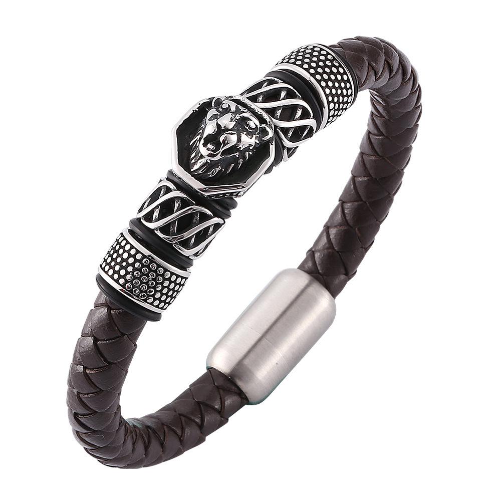 Hot Sale: European & American Lion Head Retro Stainless Steel Bracelet - Fashionable, Domineering, Personalized Design Inner Circle 205mm [Straightened Length 240mm]