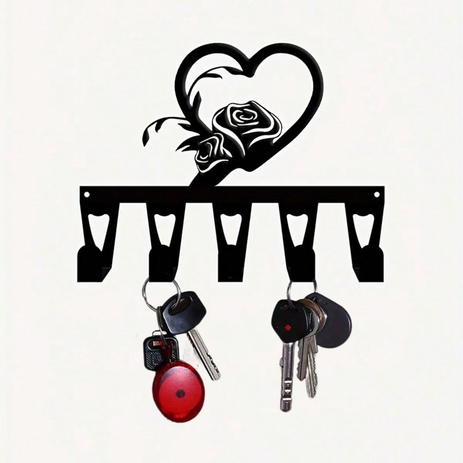 Abstrakcyjny Różowy Klucznik w Kształcie Serca Metalowa Sztuka Ścienna 5 Haczyków Oszczędność Miejsca Dekoracja Świąteczna Prezent