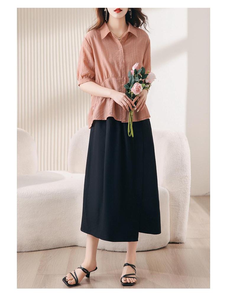 Trendy Summer Skirt Suit: Slimming Two-Piece with Stylish Half-Open Collar for Young Moms