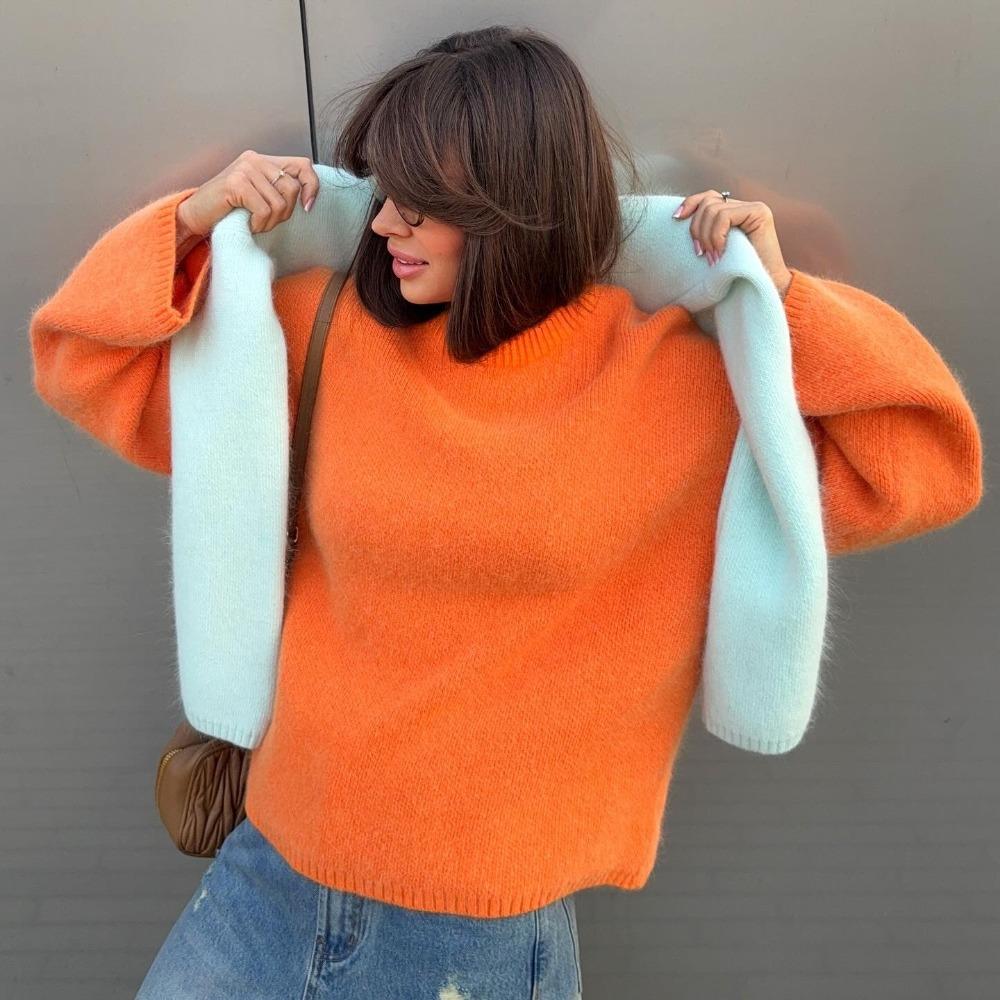 Fauler Stil Rundhals Faux Nerz Pullover Damen Frühling Herbst Locker Gestricktes Oberteil Premium Langarm Pullover
