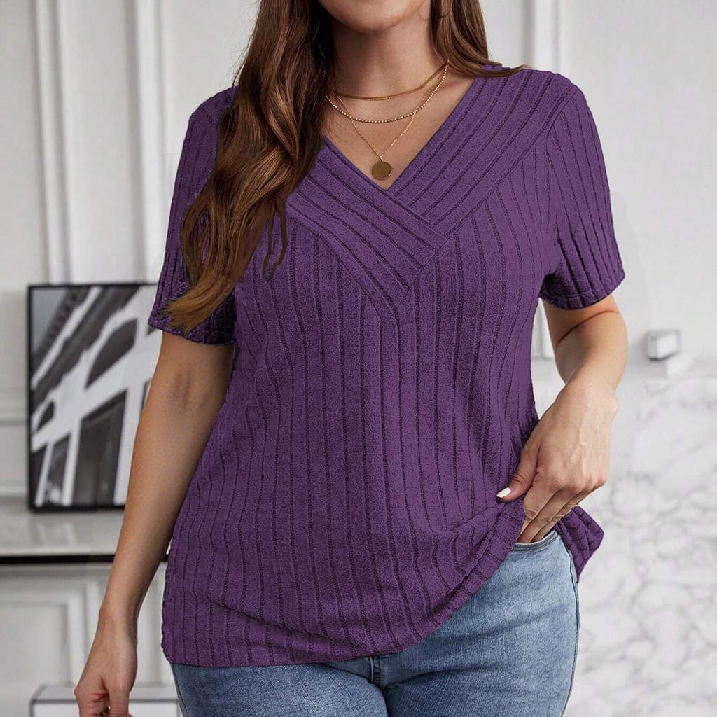 Women's Plus Size Casual And Fashionable V-Neck Long Sleeved Top V-Neck Short Sleeved Top