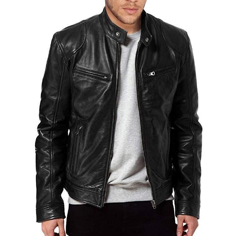 Mens Motorcycle Leather Jacket Slim Fit Short-Coat Lapel PU Jackets Autumn Zipper Stand Windproof Leather Coat