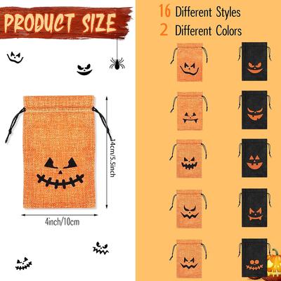 16pcs Pumpkin Burlap Candy Bags Spooky Drawstring Bag Trick or Treat Gifts for Kids Birthday Halloween Party Decoration Supplies