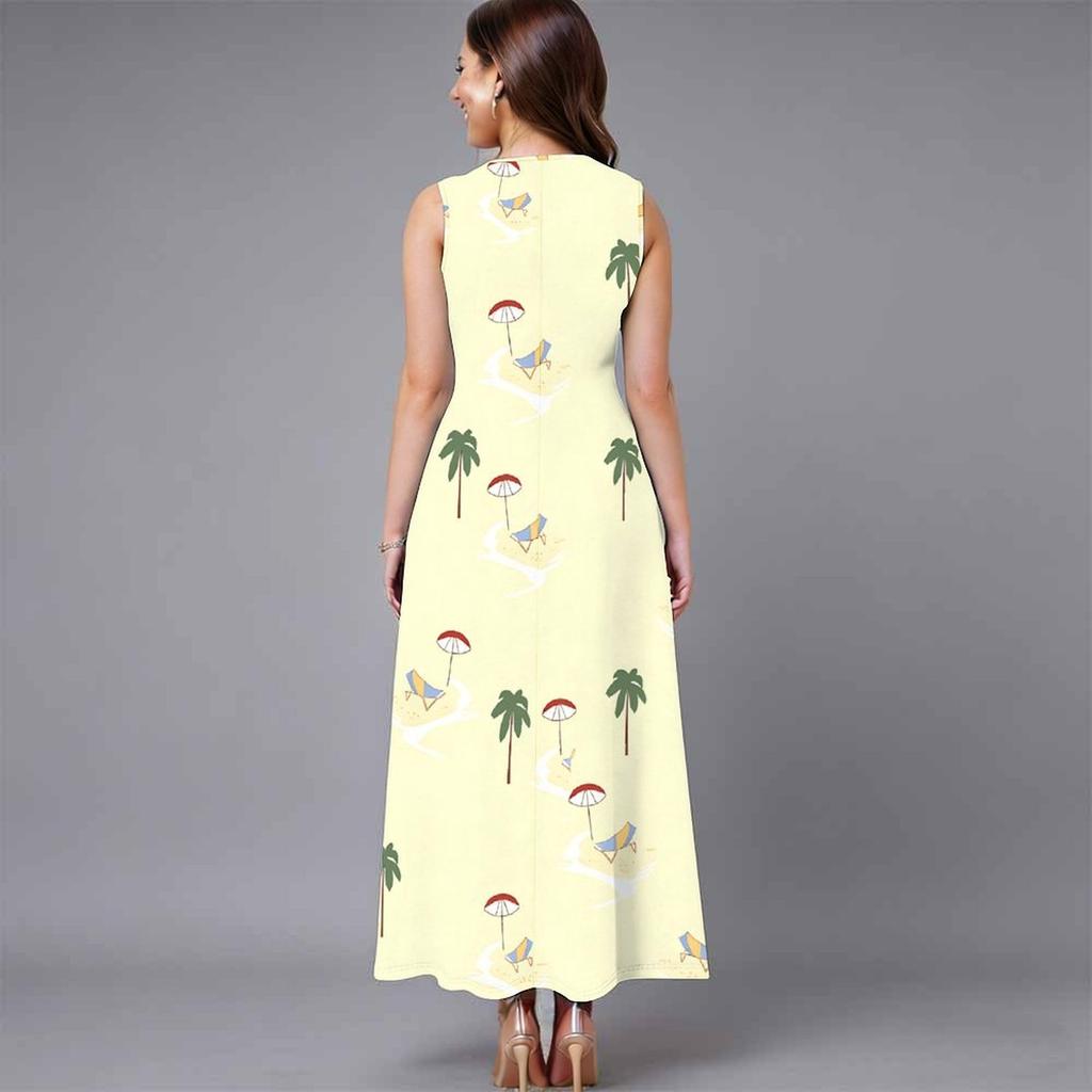 Plus Size Ladies Sleeveless Crew Neck Dress Exotic Palm Floral Printed Flowy Calf Length Outfit