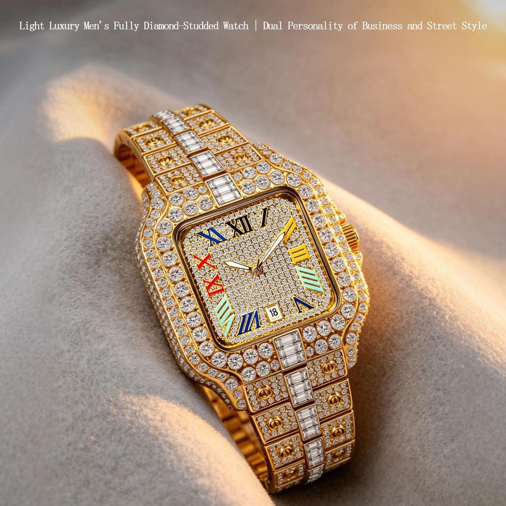 Mens Iced Out Watch Square Full Diamond Quartz Wrist Watch with Luminous Hands Date Waterproof Hip Hop Style