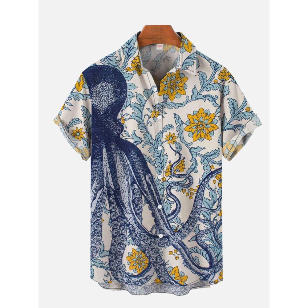 Octopus Print Men Hawaiian Shirt Summer Beach Short Sleeve