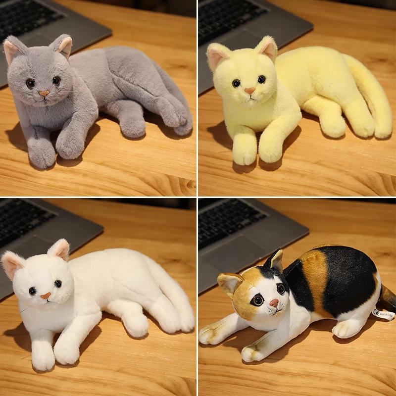 1pc 4 Colors INS Like Real Prone Cat Plush Doll Stuffed Pure Colors Grey White Yellow Kitten Toy Pets Animal Kids Gift