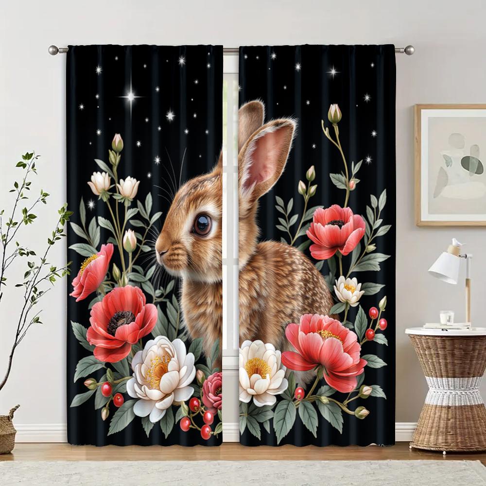 

2 pcs, filtering curtains (excluding rods, non-movable, without batteries) Vintage Rabbit and Floral Moon for use in bedrooms 29x65in(75x166cm)