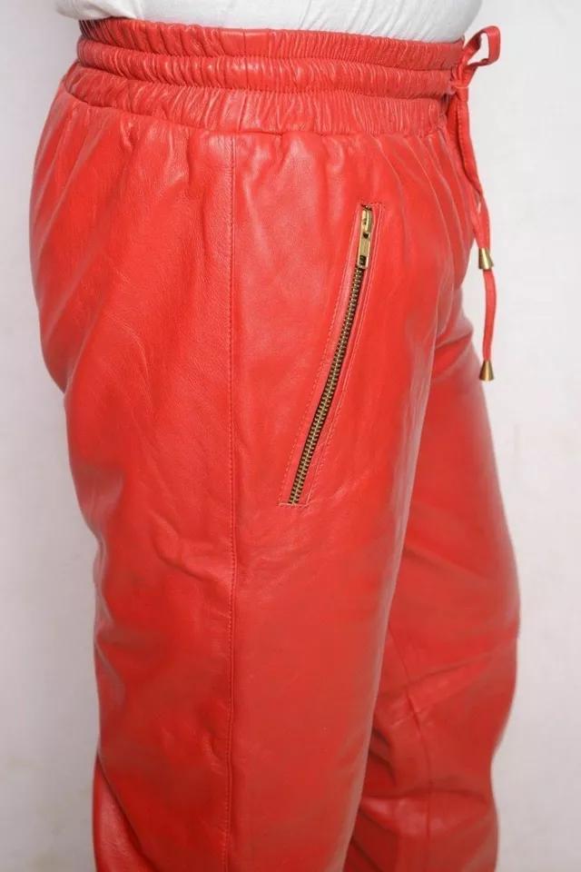 Kvalitní kalhoty Měkká kůže Jehněčí kůže Joggers Červené Pánské Pravé Kalhoty Oblečení Vysoké