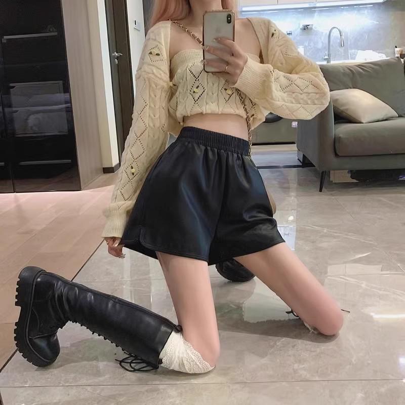 Women's High-Waisted PU Leather A-Line Shorts - Winter 2024, Versatile Wide-Leg Bootcut Pants