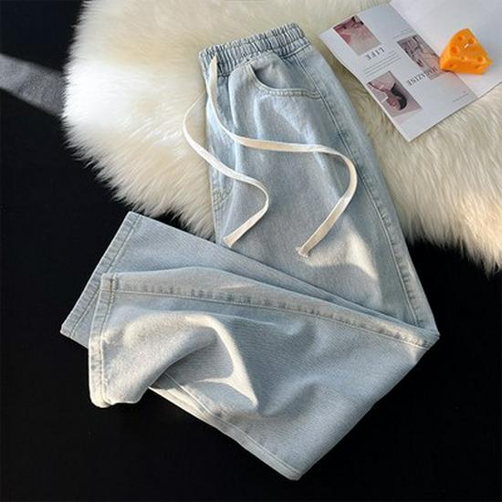 Women's Fleece-lined Straight-Leg Jeans, Petite Wide-Leg, Elastic Waist, Cotton, 2025 New Winter Style, Ideal for Autumn and Winter