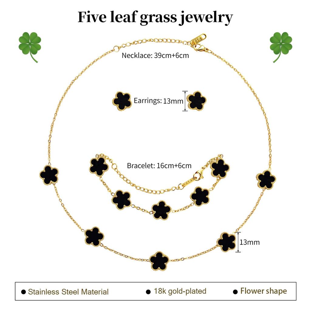 Smyckesset med lyckoklöver - 18K guldpläterad blomdesign Armband med fem blad, Halsbandshänge, Örhängen för kvinnor Lyckobringande gåvor