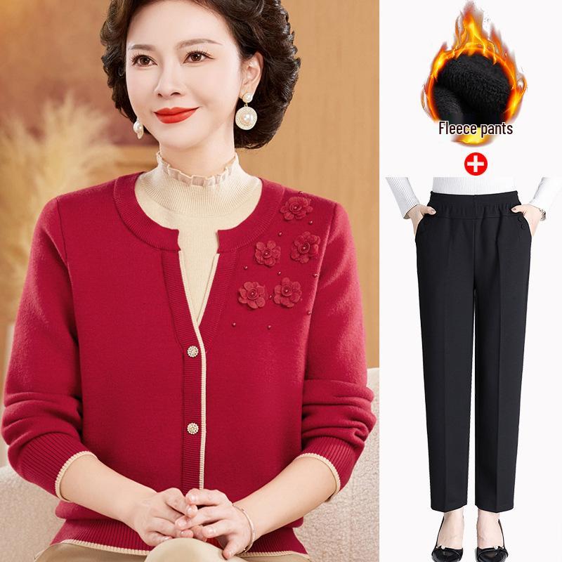 Mom's Stylish Winter Two-Piece Look Warm Base Layer Shirt for Middle-Aged & Elderly Women, Fleece-Lined Thickened Sweater