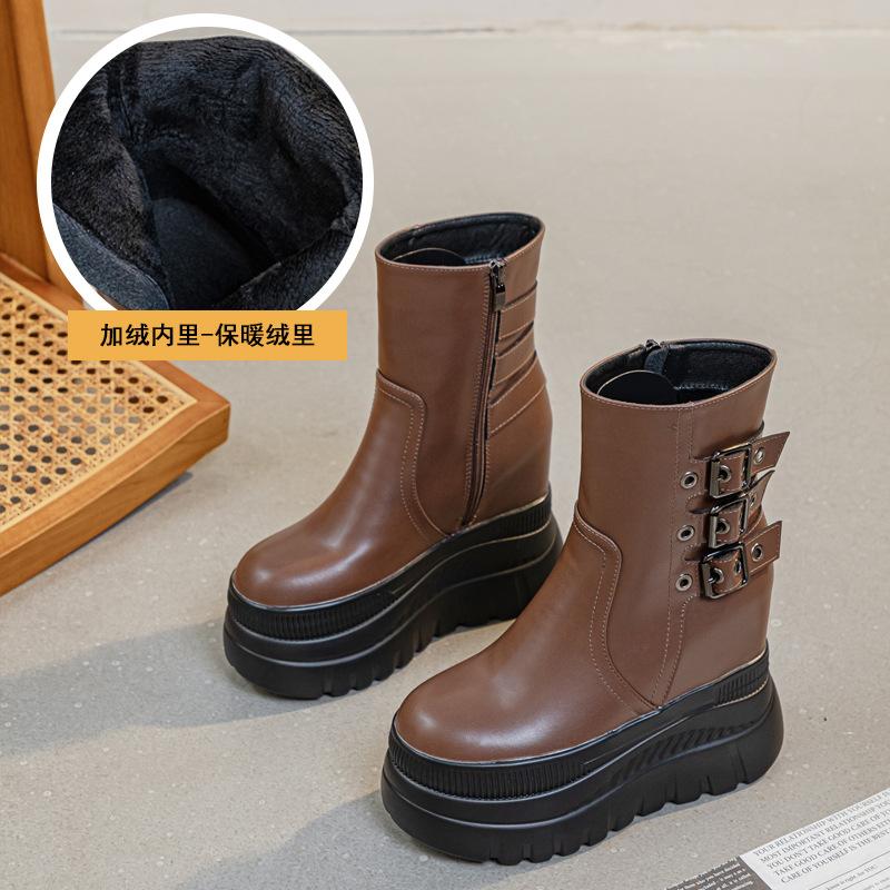 Super high heel thick-soled medium tube women's leather boots, new solid color belt buckle in autumn and winter 2025, heightening short boots tide