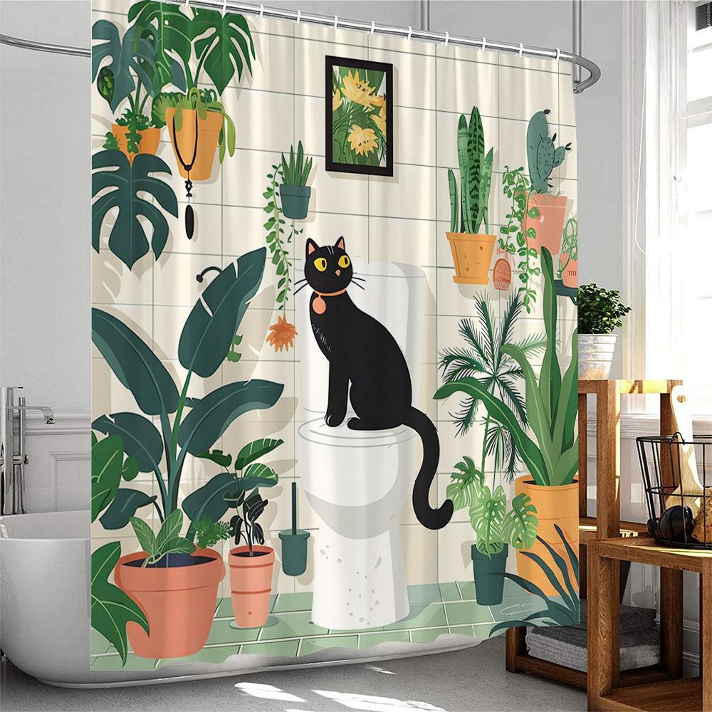 

Plant Shower Curtain Cats Green Potted Plants Leaves Cat on the Toilet Modern Bathroom Decor Polyester Fabric Bathtub Curtain 90x180cm-35x70in