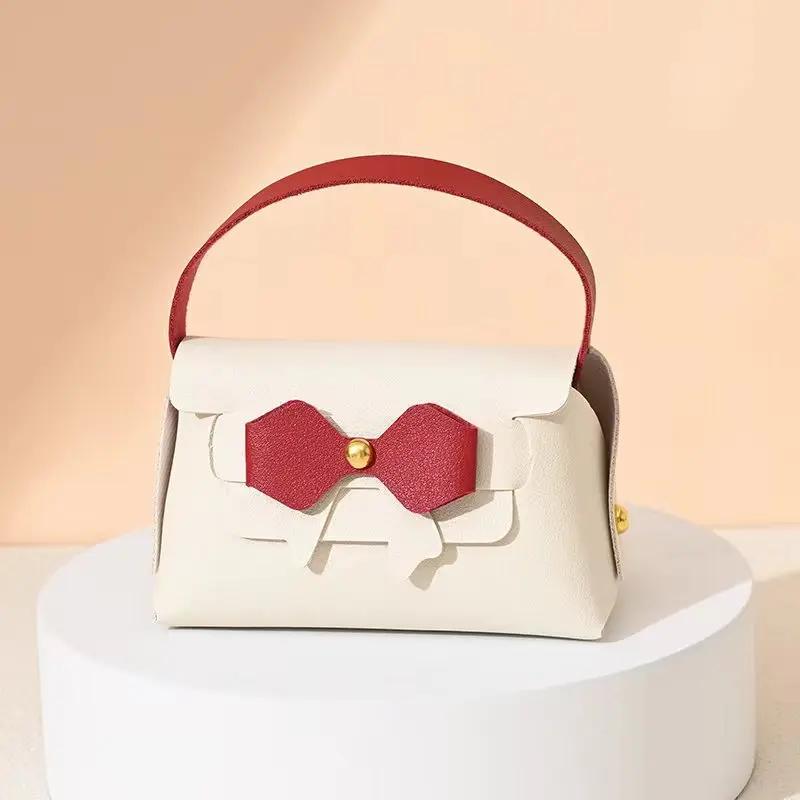 10pcs/lot Ins Bowknot Handbag Gifts Box for Wedding Birthday Party Supplies Pink Leather Candy Package Box Favors Bag Wholesale