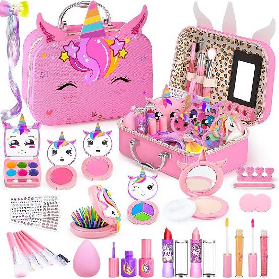 Kids Makeup Kit for Girls, Little Girls Pretend Make Up, Princess Play Makeup Set with Mirror, Toddler Toys Real Washable Cosmetic Set & Nail Kit