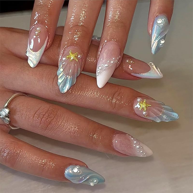Black Yellow French Tip Press on Nails with Flower Design Long Almond Natural Glue on Nail Glossy Acrylic False Nails Reusable Artificial Stick on