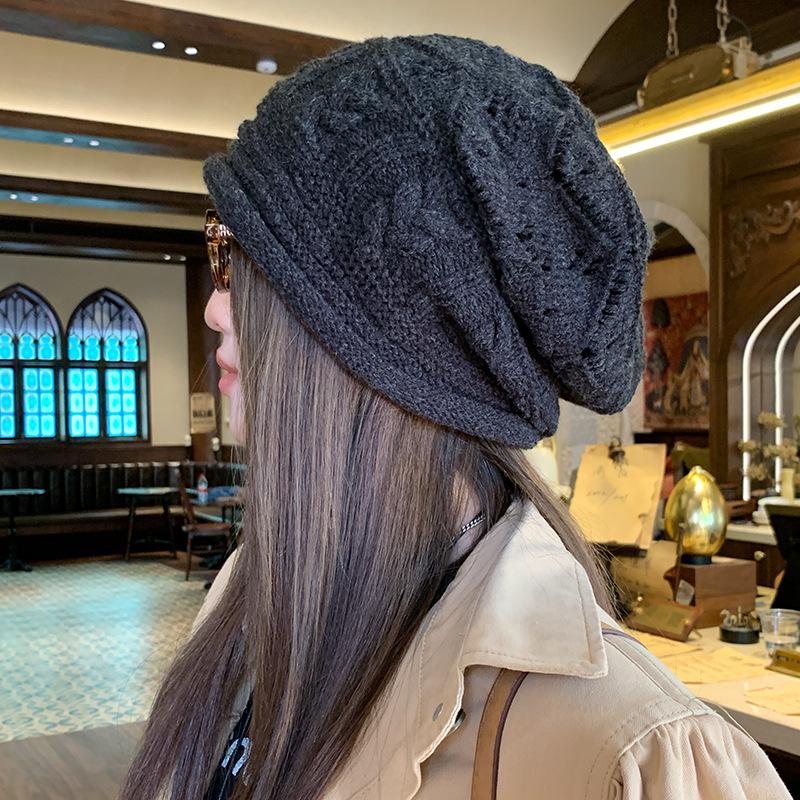 Curled Baotou Knitted Hat Women's Autumn and Winter Large Head Circumference Warmth Ear Protection Pile Hat Face Revealing Small Woolen Hat