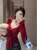 Women's Red Lace-up Bow Long-sleeve Square Neck Slim-fit Top for Autumn/Winter