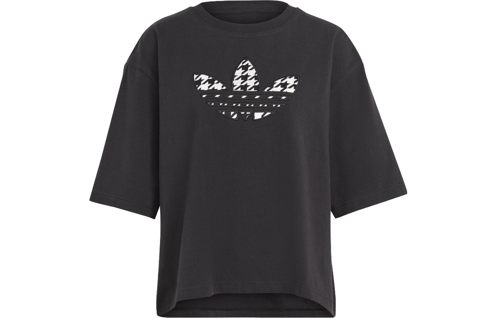 adidas Originals Retro Houndstooth Logo Print Loose Fit Round Neck T-Shirt L