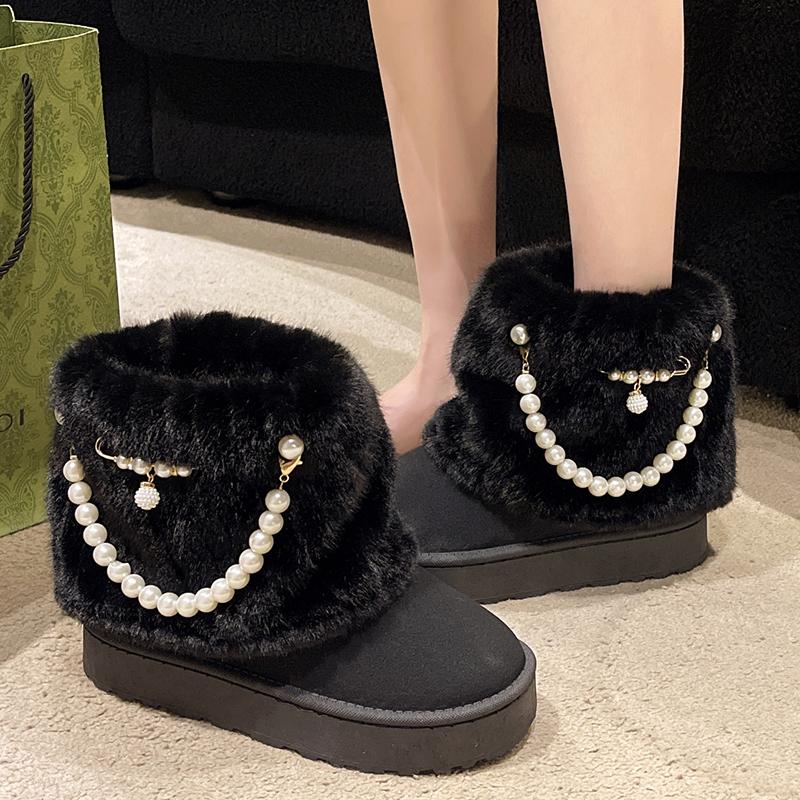 fashion Pearl Chain Decor Warm Snow Boots for Women Winter 2024 Fluffy Plush Platform Ankle Boots Woman Thick Sole Cotton Padded Shoes