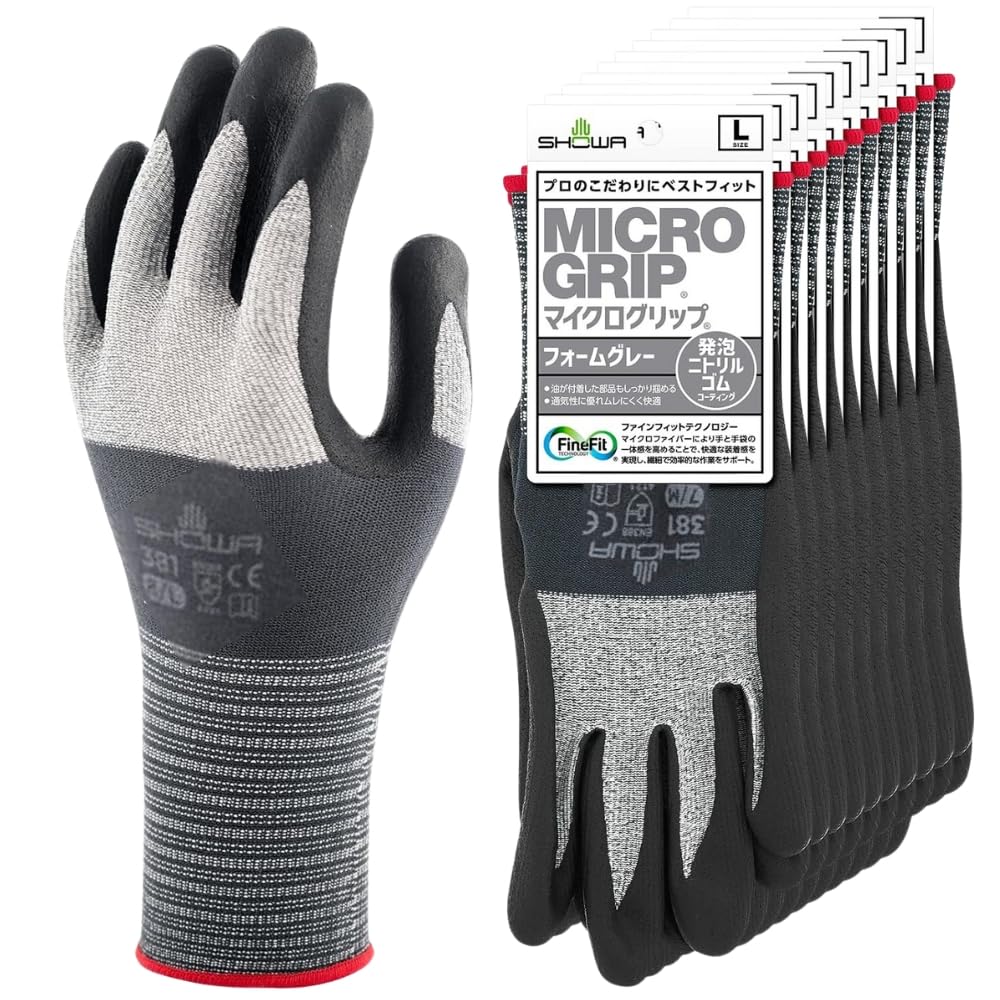 Showa Glove MicroGrip 381 Work Gray Set Gloves, Backless, (with Tags), 10-pair (Size M)