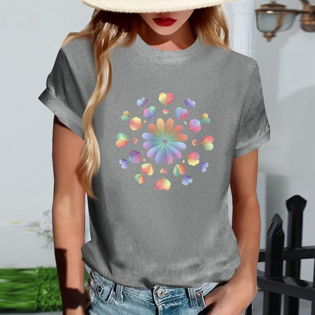 Women's Fashionable Round Neck Casual Retro Print Short Sleeved T-shirt Top