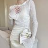 Asymmetrical Thin Hollow-out Lace Sun Protection Cover-up Women's Summer Slim Fit Figure-flattering Crew Neck Bell Sleeve T-shirt Top