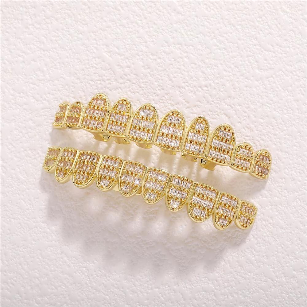 Full Paved 3 Rows T Square CZ Grillz 10 Teeth Brass Real Gold Plated Hip Hop Cool Rapper Teeth Grills Halloween Cosplay Bulk