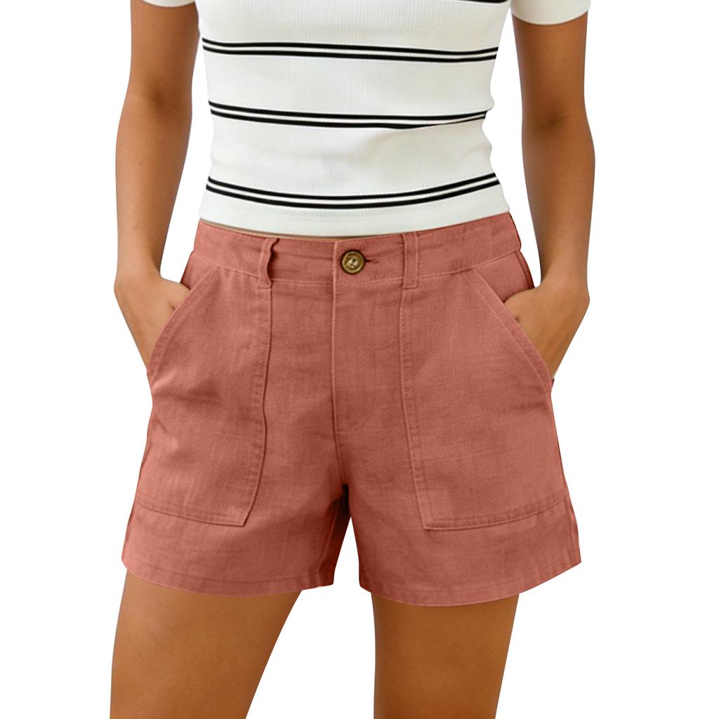 Women's Cotton And Linen Shorts, With Pockets, Soft Button Closure, Zipper, Slim Fit.